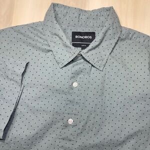 Bonobos Shirt Men Large Green Short Sleeve Button Up Slim Fit Stretch Polka Dot